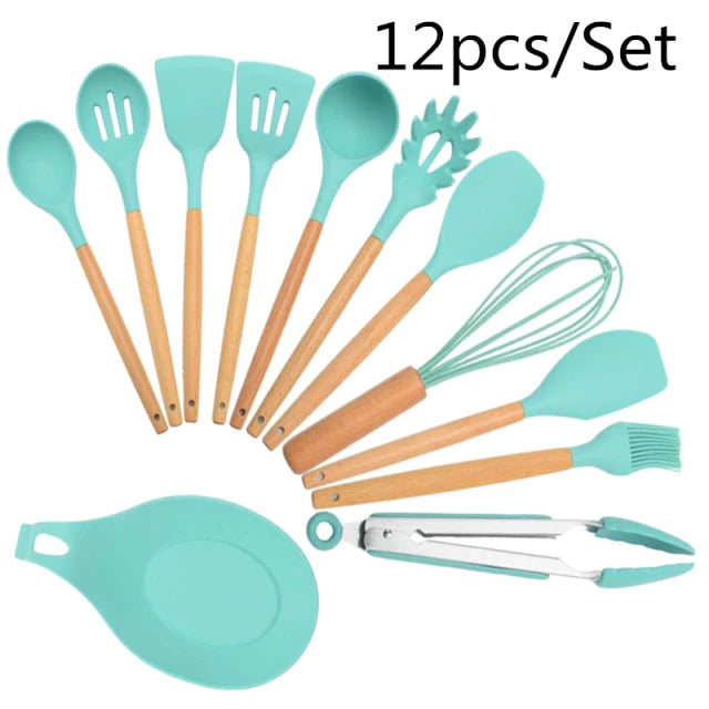Imported High Quality 12 Pcs Silicone & Heat Resistant Spoons Set with Long Wooden Handle Kitchen Utensils Set