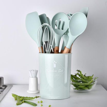 Imported High Quality 12 Pcs Silicone & Heat Resistant Spoons Set with Long Wooden Handle Kitchen Utensils Set