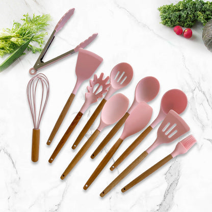 Imported High Quality 12 Pcs Silicone & Heat Resistant Spoons Set with Long Wooden Handle Kitchen Utensils Set