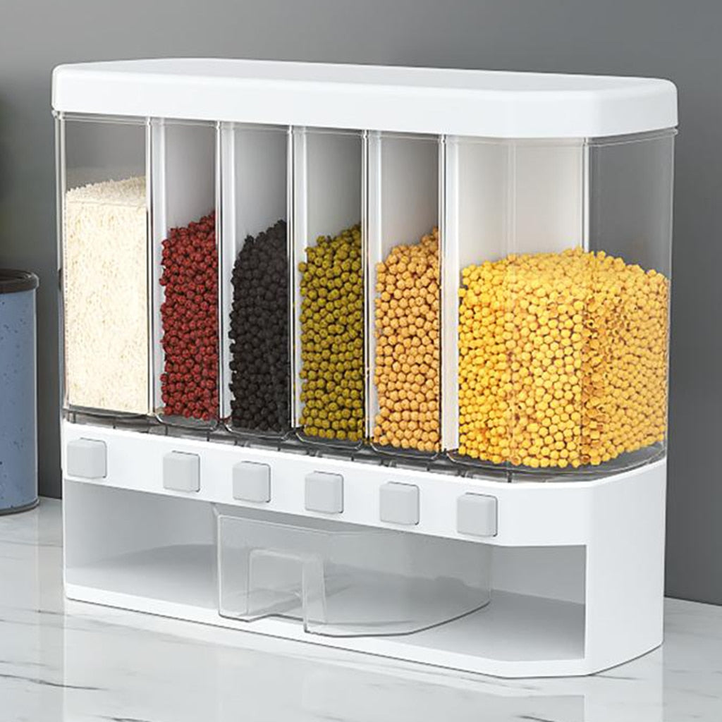 6-Grid Wall Mounted Food Dispenser, Whole Grains Rice Bucket, Large Capacity Storage Dry Food Dispenser