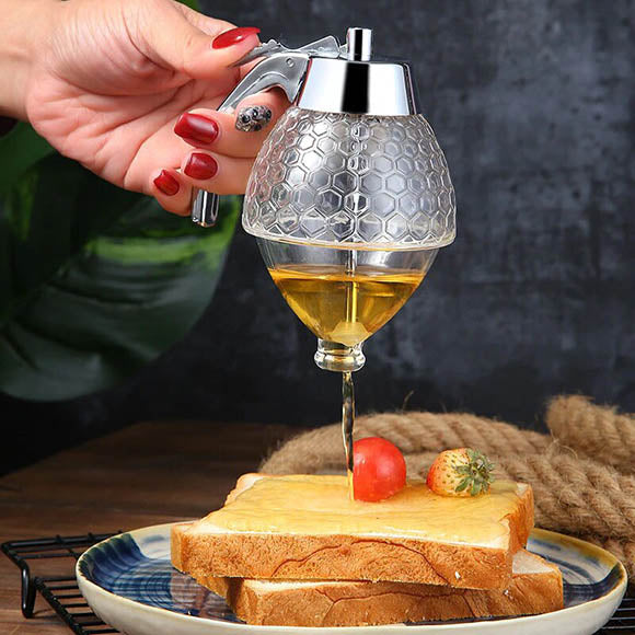 Crystal Glass Honey Dispenser Transparent Honey Storage Bottle Container with Holder