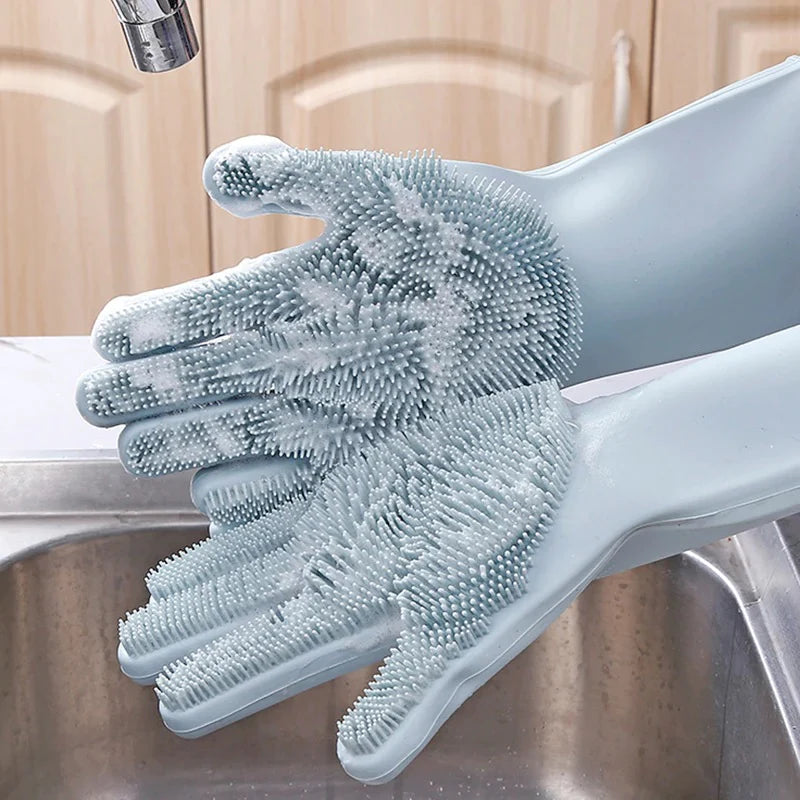2 Pair (4PCS) Magic Dish washing Gloves with scrubber, Silicone Cleaning Reusable Scrub Gloves for Wash Dish