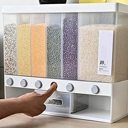 6-Grid Wall Mounted Food Dispenser, Whole Grains Rice Bucket, Large Capacity Storage Dry Food Dispenser